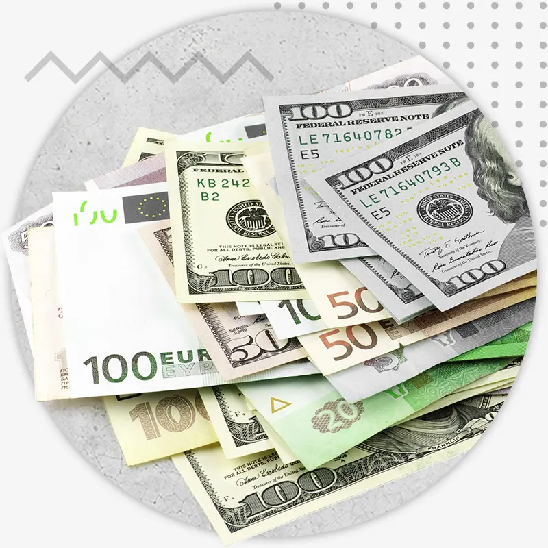 Billets et pièces illustrant les conversions de devises
